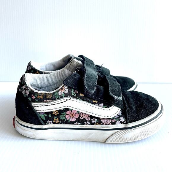 Vans Other - VANS Old Skool Floral Sneakers Toddler Size 1 Black Velcro Retro Skater Suede